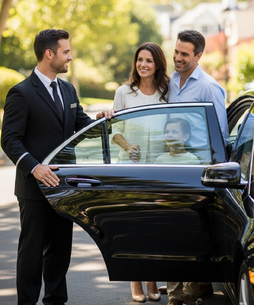 Professional chauffeur greeting family at LAX
